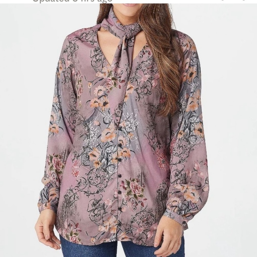 ❤️2/$15 or 3/$26❤️ NWT Tolani Floral Button Down L/S with Neck Tie, Size XXS
